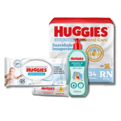 Imagem de Kit Huggies: 1 p. Fraldas RN + Lenço + Pomada + Sb