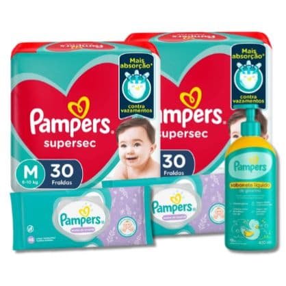 Imagem de Kit Pampers: 2 p. Fraldas M + Lenço + Sabonete L.